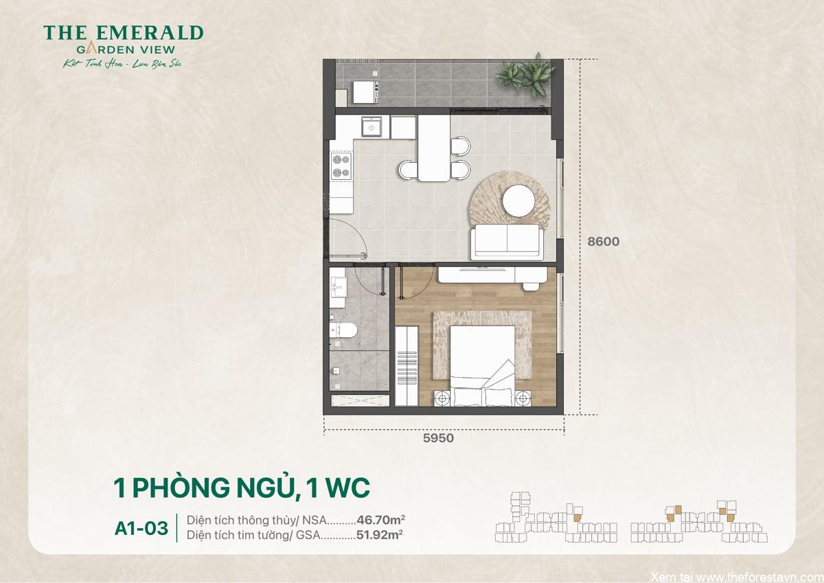 Thiết kế mặt bằng căn 1 phòng ngủ 1 WC mã A1-03, diện tích 51 m2, bố trí công năng