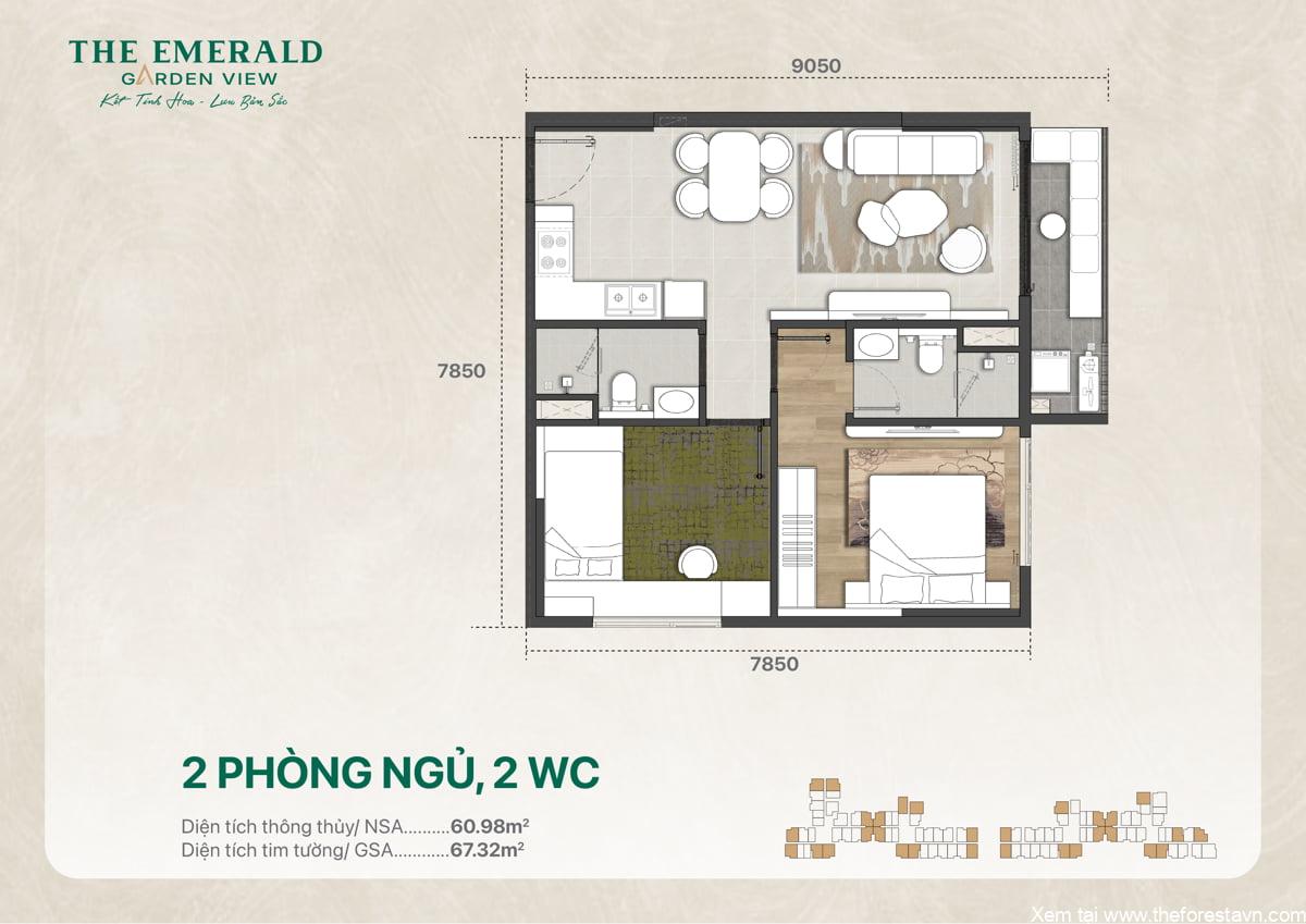 Thiết kế mặt bằng căn hộ 2 phòng ngủ 2 vệ sinh, diện tích 67 m2