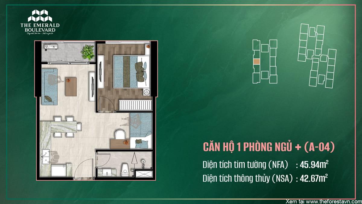 Thiết kế nội thất căn hộ 1 phòng ngủ Plus mã A-04 tại dự án The Emerald Boulevard