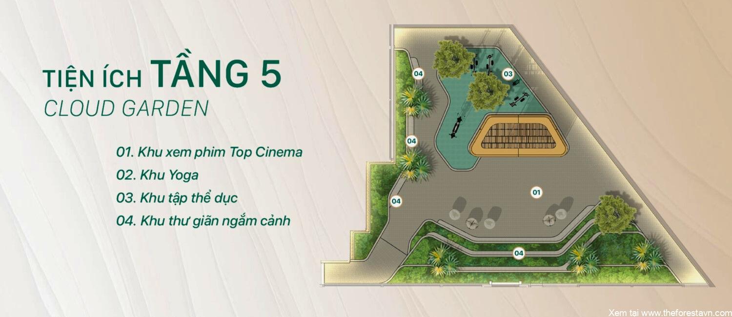 Tiện ích tầng 5 The Emerald Garden View gồm rạp chiếu phim, phòng yoga, khu tập thể dục và không gian thư giãn ngắm cảnh