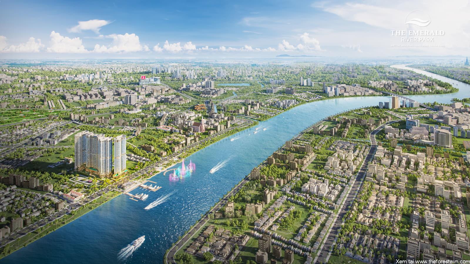Toàn cảnh The Emerald River Park nhìn từ trên không bên kia sông