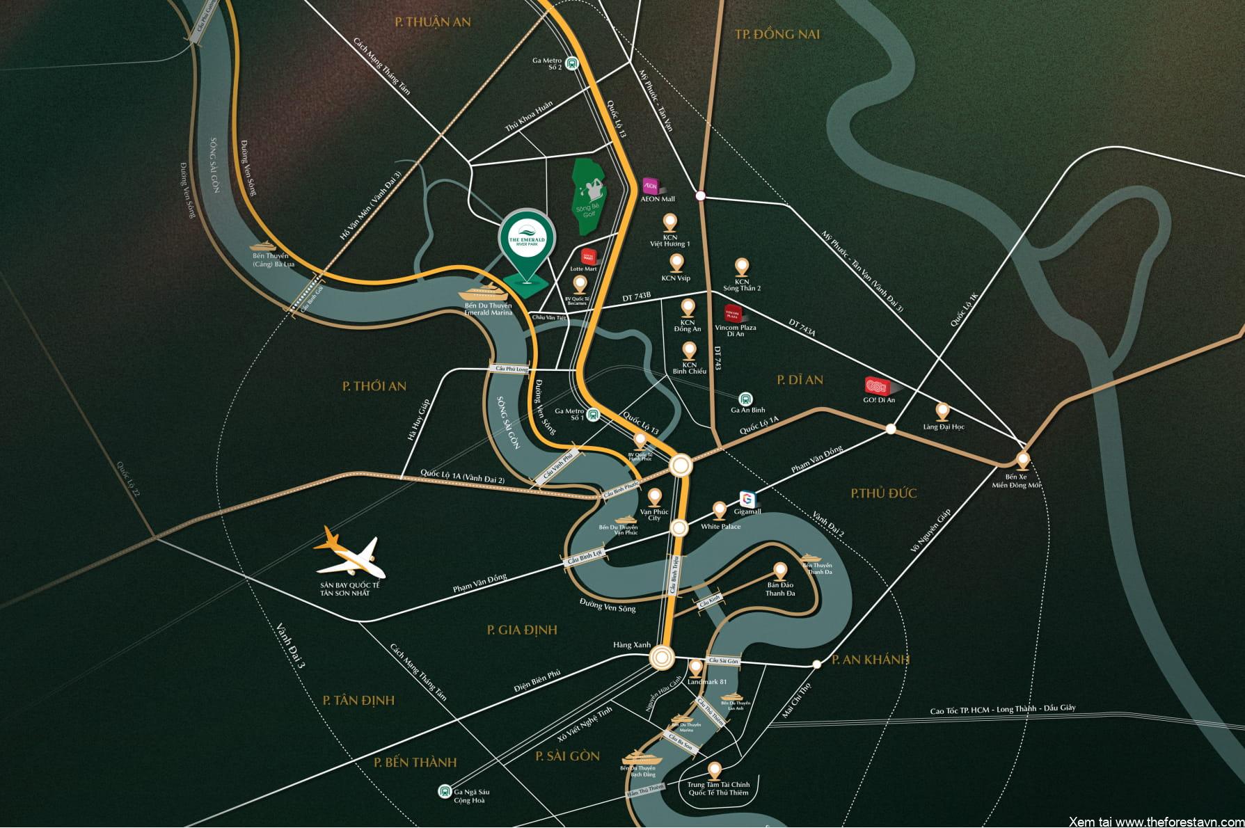Vị trí The Emerald River Park và mạng lưới kết nối giao thông xung quanh khu vực, nêu các hướng di chuyển và kết nối chính