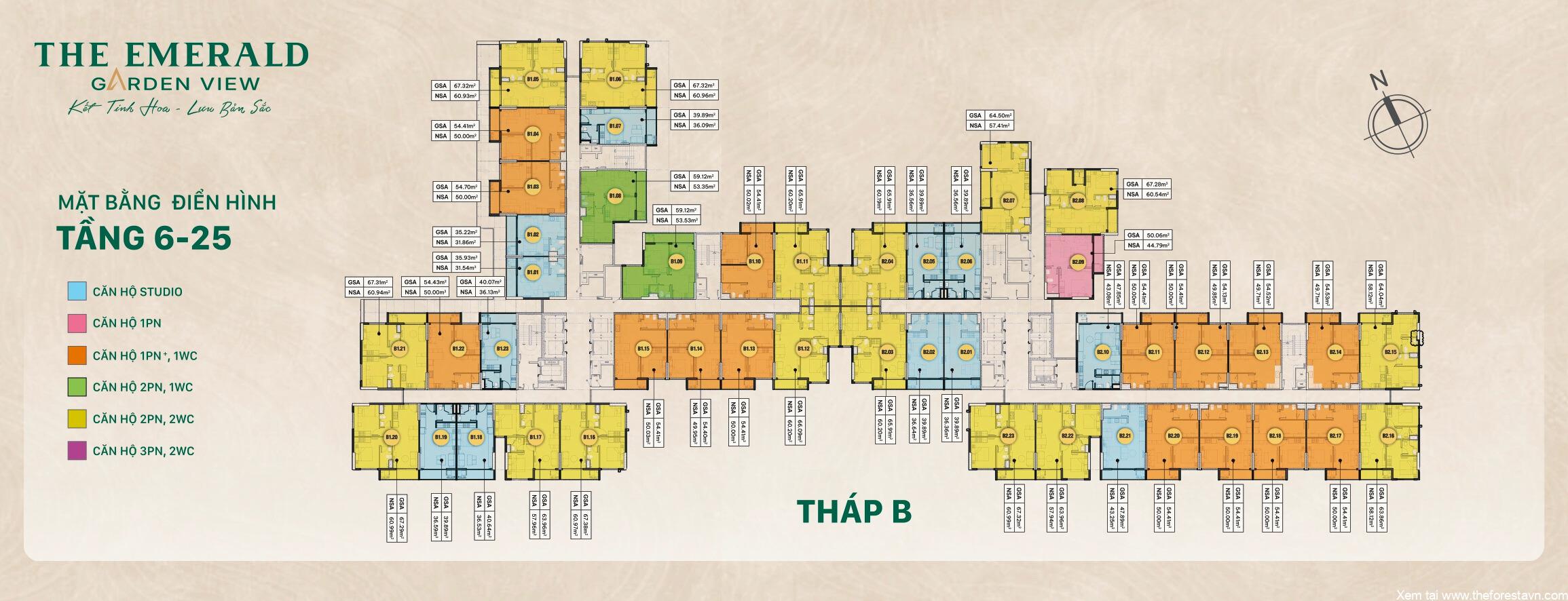 Vị trí, mã căn, diện tích loại căn Tháp B The Emerald Garden View tầng 6–25
